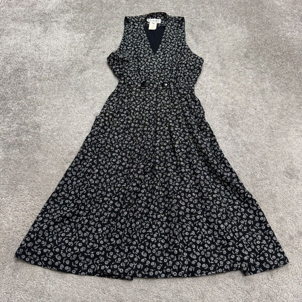 Vintage R.J. Stevens Carol Escritor Wrap Midi Dress Womens 8 Black White Floral